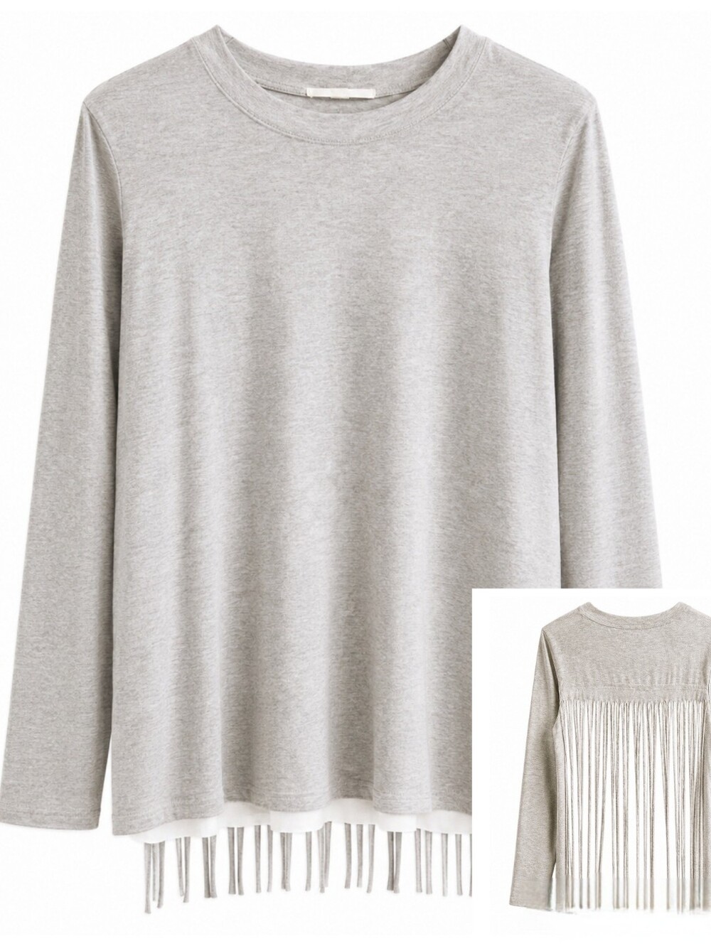 Boho Fringe Back Women's Long Sleeve Heather Gray Sweater Shirt Top Size S